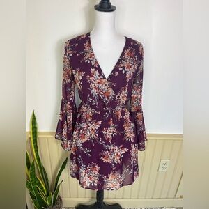 Miami Floral Mini Dress S Purple Bell Sleeve Pockets Boho Fall Wedding Fairycore